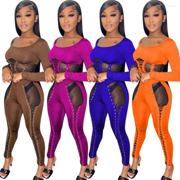 Pantalon de deux pièces pour femmes Sexy Sheer Mesh Patchwork Lace Up Trainingspak Solid Lange Mouwen Crop Top Bandage Broek Pak Outfit Party Club