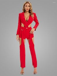 Pantalon deux pièces pour femmes, Sexy, col en v, manches longues, Blazer, manteau, Long/court, détachable, 3 ensembles, body, rouge, Orange, pantalon découpé, piste