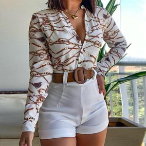 Tweedelige broek voor dames, sexy shirt met V-hals en korte broek, set met digitale bloemenprint en lange mouwen