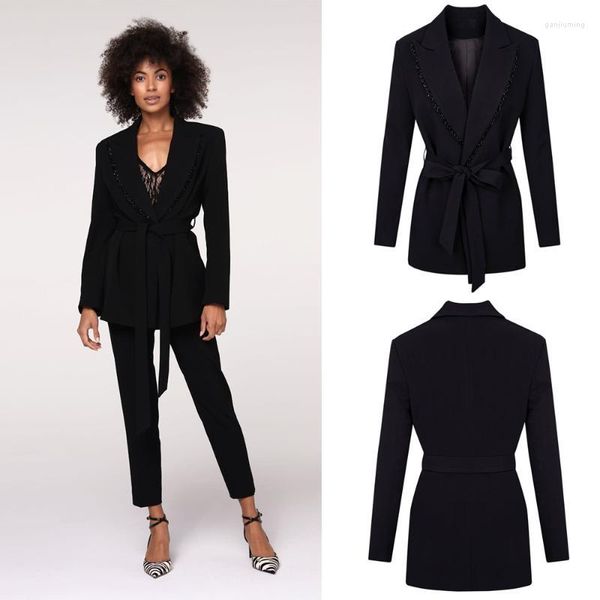 Femme Deux Pièces Pantalon Sexy Col en V Femmes Costumes Élégant Sur Mesure Ceinture Perlée Blazer Bureau Dame 2 Pièces Affaires Quotidien Décontracté Mariage