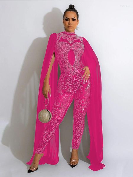 Pantalon de deux pièces pour femmes Sheer Mesh Strass Voir à travers la combinaison pour les femmes sexy manches cape col montant une salopette de luxe célébrité