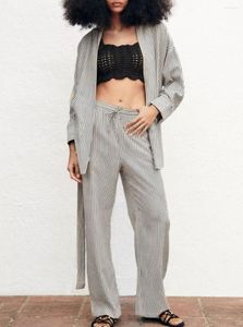 Vrouwen Tweedelige Broek Shepico Gestreepte Kimono Wijde Pijpen Broek Set Vrouwen 2023 Zomer Herfst Losse Jas Broek Stukken sets Vrouwelijke Pakken