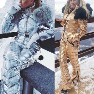 Pantalones de dos piezas para mujer Traje de esquí dorado plateado brillante Moda para mujer Mono de esquí cálido Traje de snowboard Parka de algodón para mujer Body con capucha 231031