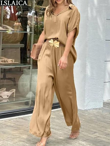 Pantalon de deux pièces pour femmes Blouse à manches courtes Ensemble de femmes pour l'été 2023 Tenues élégantes Lâche Luxe Costume décontracté Chic 2 pièces Ensembles Pantalon