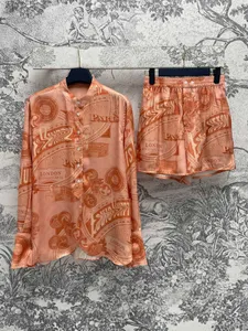 Tweedelige broekbroek voor dames set afdrukken met lange mouwen met een losse borsten losse blouse +hoge taille shorts 2024 casual pakken