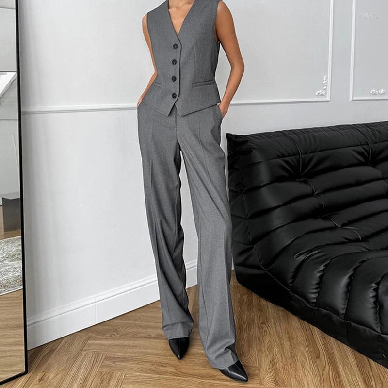 Women's Two Piece Pants Simple Casual Solid Commuter Lady Suit Women Spring V Neck Button Vest Blazer & Straight Outfit Summer Sleeveless