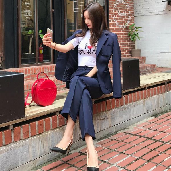 Pantalones de dos piezas para mujer Blazer de un solo pecho Traje de pantalón azul profundo Chaqueta de cintura delgada a la moda para mujer y conjunto de 2 piezas estilo OL recto