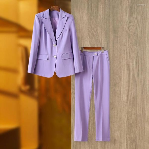 Pantalones de dos piezas para mujer, Blazer de mujer lavanda de un solo pecho, conjunto de negocios elegante de Color sólido, traje de señora OL a la moda