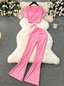Pantalon de deux pièces Singreiny 2024 Costumes causaux d'été Mini V Bandage du cou tops hauts hautes taille longue Femme Y2k Sweet Korean Style