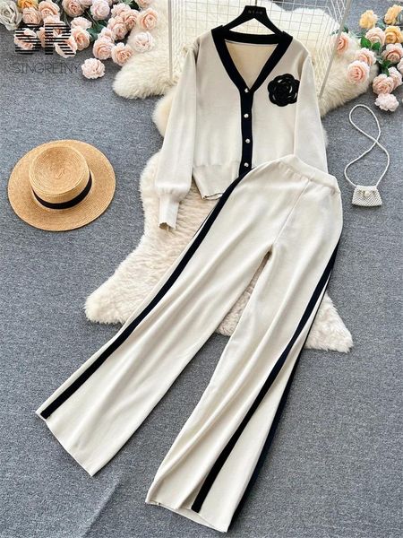 Pantalon de deux pièces pour femmes Singrainy OL Floral Knit Set Femmes Manches longues Mode Cardigan Taille élastique Casual Pull d'hiver Costume