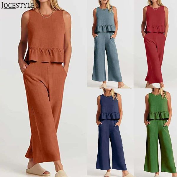 Pantalon deux pièces pour femmes, sans manches, col carré, en coton, 2 tenues d'été, dos nu, ensembles de pièces pour femmes, couleur unie, tenue de vacances