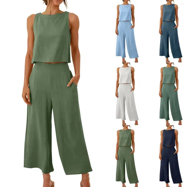 Pantalon deux pièces pour femmes, débardeur sans manches, fendu, couleur unie, jambes larges, ensemble avec bouton ouvert, élégant et Sexy, été 2024