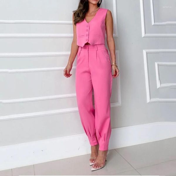 Pantalon de deux pièces pour femmes Slim Rose Rouge Col V Bouton Gilet Pièces Ensemble Poches Cheville Bande Femmes Été 2023 Costumes de Trajet de Vacances