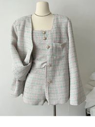 Dames tweedelige broek klein geurig chic 3-delig chiffon tweed jasje in Franse stijl dieptepunt borstomslag kort voor dames zoet pak 231207