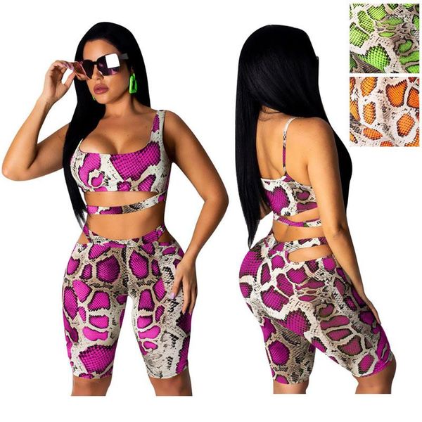 Pantalones de dos piezas con estampado de piel de serpiente para mujer, conjunto de 2 chalecos cortos, Tops cortos sexis y pantalones cortos de motociclista, conjuntos a juego ajustados