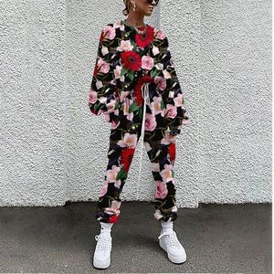 Tweedelige broek met dames sojinm vrouwen mode set pak outfits floral print casual sport vrouw herfst tracksuit 5xl