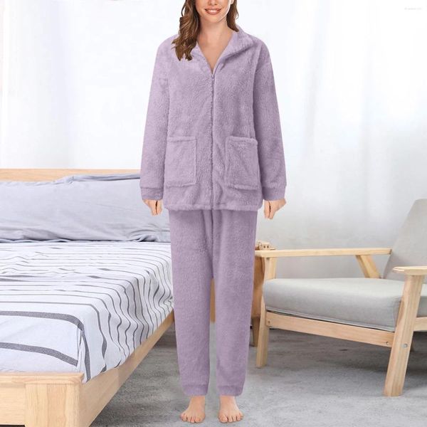 Pantalones de dos piezas para mujer, ropa de casa de Color sólido, traje de terciopelo de doble cara, ropa de dormir suave y cálida para invierno, pijamas, 2 conjuntos