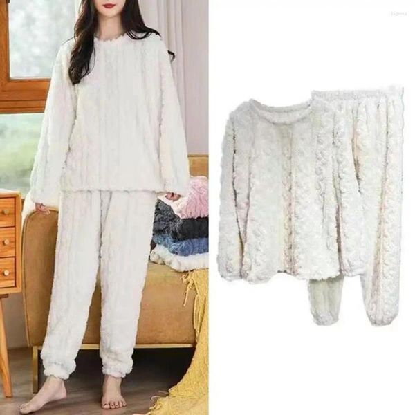 Pantalones de dos piezas para mujer Conjunto de pijama de color sólido Conjuntos acogedores de invierno Ropa de dormir de felpa elegante para mujer Cálido Jersey grueso de 2 piezas Cómodo