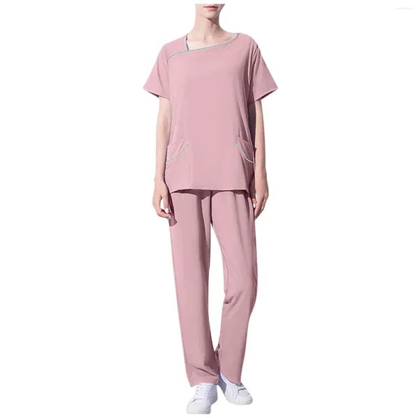 Ensemble pyjama deux pièces pour femme, pantalon, couleur unie, col carré, décontracté, manches courtes, hauts, jambes larges, vêtements de maison, léger, doux, été