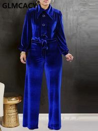 Pantalon deux pièces pour femmes, ensemble épais en velours de couleur unie avec ceinture et bouton, tenue confortable à la mode