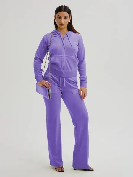 Pantalon de deux pièces pour femmes couleur unie velours 2 ensembles pour femmes sweats à capuche zippé manteau cordon de serrage taille pantalon long costume tenues de salon avec