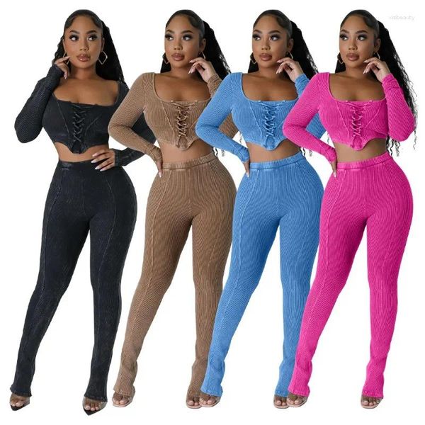 Pantalones de dos piezas para mujer Conjunto de canalé sólido Chándales Mujer Ojal con cordones Manga larga Crop Top Cintura alta Slim Flare Trajes deportivos casuales