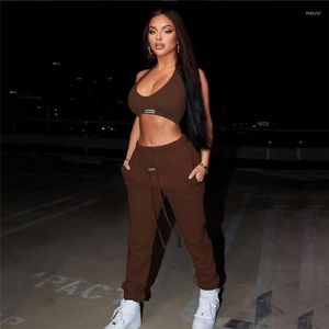 Pantalon de deux pièces pour femmes Ensemble solide Femmes Sweatsuits Sexy Halter Crop Top et longs ensembles assortis Survêtement de sport Entraînement Extensible Tenues