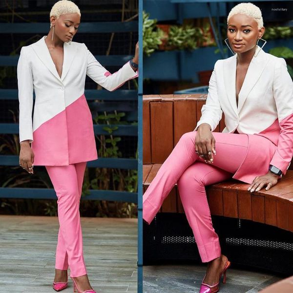 Pantalones de dos piezas para mujer Empalme 2 piezas Trajes de mujer modernos Personalizar Blazer de un botón blanco rosa Formal Casual Madre de la novia