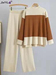 Pantalones de dos piezas para mujer Diseñador de empalme Conjunto de 2 piezas Suéter Chándales Cuello alto Pantalones de pierna ancha Trajes Temperamento femenino 231218