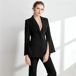 Pantalon de deux pièces pour femmes Split Elegant Bell Sleeve Rose rose noir noir Blazer Veste bouton de taille haute