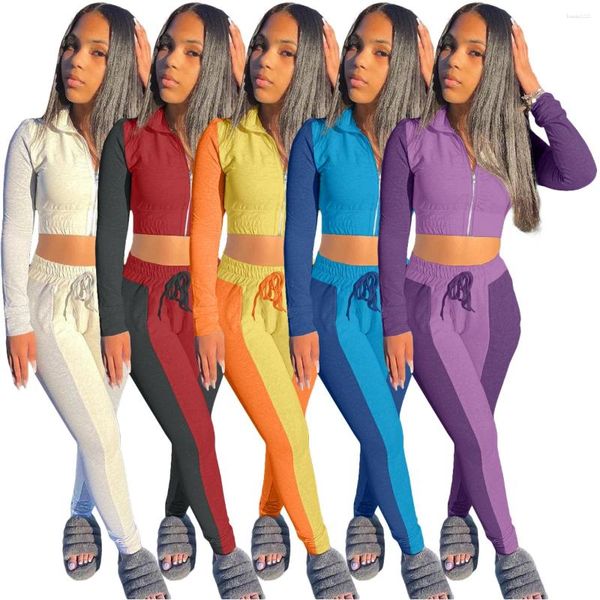 Pantalones de dos piezas para mujer Sport Color Block Patchwork Chándal Mujeres Casual Cordón Cremallera Manga larga Crop Top Traje Conjunto Jogging Femme