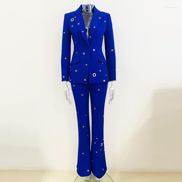 Pantalon de deux pièces pour femmes Spot 2023 Étoile européenne et américaine Mode Industrie lourde Trou en métal Un bouton Blazer Costume Pièces