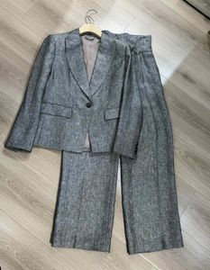 Tweedelige broek voor dames lente 2024 pak hoogwaardige linnen blazer jas sets taille wijd been broek vrouwelijke kleding