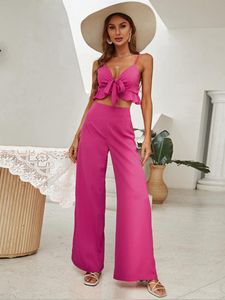 Pantalones de dos piezas para mujer Primavera y verano Rosa roja Sling Tube Top Backless Sexy Blusa Mujer Cintura alta Traje largo acampanado Mujeres SetWome