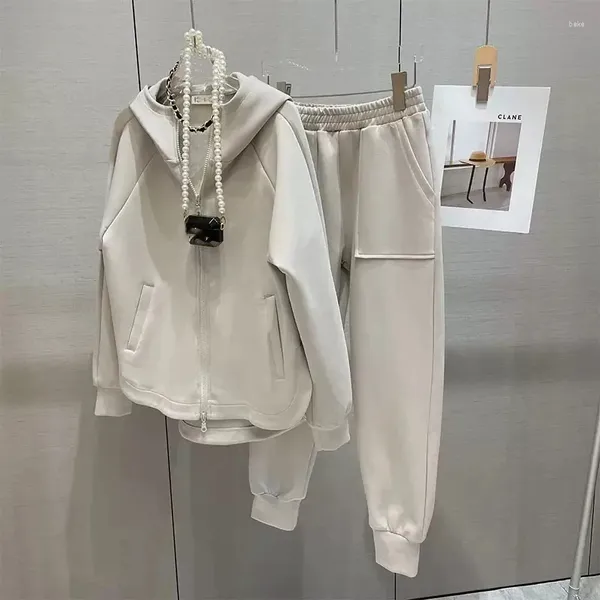 Pantalones de dos piezas para mujer Primavera Otoño Moda Deportes al aire libre Conjunto de ocio Capucha Cremallera suelta Chaqueta femenina Top Cintura elástica Traje versátil