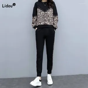 Dames tweedelige broek Spring herfst Vrouw Vrouw Casual Leopard T-shirt Sets Lange Mouw 2024 Koreaanse pant-mode-kleding voor alle wedstrijden