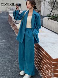 Pantalon de deux pièces pour femmes printemps automne coréen lâche décontracté femme bureau correspondant ensembles élégant bleu velours côtelé blazer et costume 2 pièces ensemble 231124