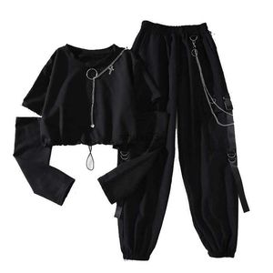 Vrouwen Tweedelige Broek Lente Herfst Vrouwen Harajuku Cargo Broek Knap Cool Tweedelige Pak Keten Lange Mouw + Lint Broek