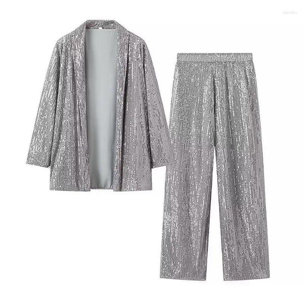 Pantalon de deux pièces pour femmes Spring Suit Pant Set Work Office Lady Sequin Blazer avec longue jambe large