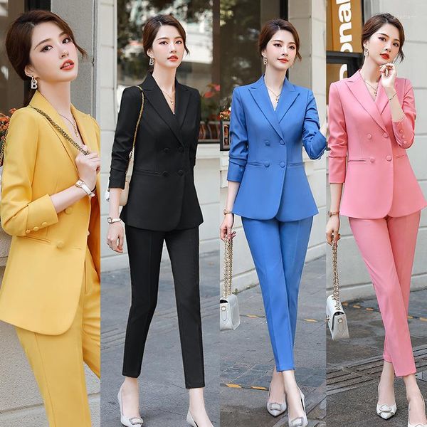 Pantalons à deux pièces pour femmes uniformes de mode de style printemps Businet Slim Office Pink Suit Femme Blazer Ensemble avec pantalon Work Wear 2