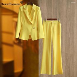 Pantalon de deux pièces pour femmes Spring Yellow Femmes Saisir luxueux élégant 2pcs Blazer Sets High Street Outstanding Collection Femme