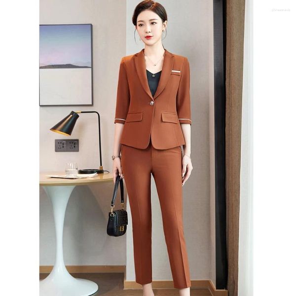 Pantalones de dos piezas para mujer Primavera Verano Blazer para mujer Trajes de negocios para mujer Conjuntos de pantalón y chaqueta Traje pantalón de media manga Estilo de uniforme de oficina