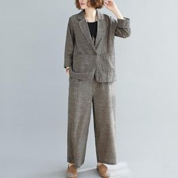 Pantalon deux pièces pour femmes printemps été littéraire décontracté deux pièces dames coton lin costume rayé un bouton blazers jambes larges ensembles de mode