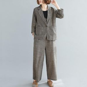 Dames Tweedelige broek Lente Zomer Literair Informeel Tweedelig Dames Katoen Linnen Gestreept pak Eenknoopsblazers Wijde pijpen Mode Sets