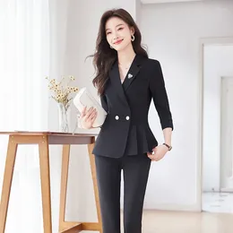Dames tweedelige broek Pants Lente zomer Women Pant Suits Black Blazer en Jacket Office Ladies Work Wear Set Vrouwelijke Business Half Sleeve