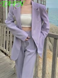 Women's Two Piece Pants Spring Summer Women Blazer Pantsuit Long Sleeve Jacket Set Female Fashion Business Casual Purple Trousers Suit 230814