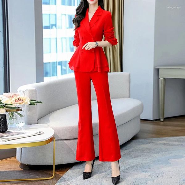 Pantalon de deux pièces pour femmes Printemps Femmes Pantalon Costume Double Boutonnage Blazer à volants Veste Flare Casual Office Wear Costumes Ensembles féminins