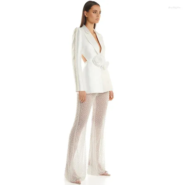 Pantalon de deux pièces pour femmes au début du printemps 2024 Fashion Perge de clou creused Perge en trois dimensions Flear Suit Pearl Sequin Mesh