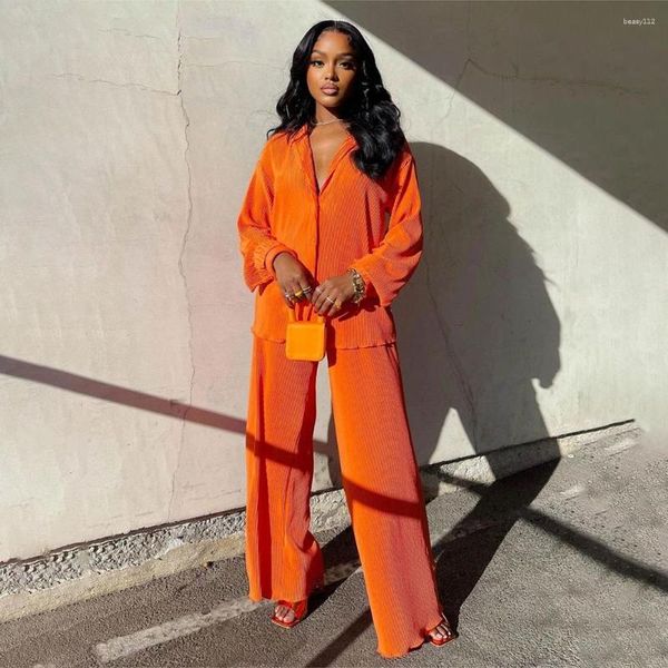 Pantalon deux pièces pour femmes Street Women Orange Shirt Suit Tops en mousseline de soie à manches longues et pantalon à jambes larges Sexy Two-Piece Set Sweatsuit Fitness Pit