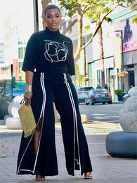 Pantaloni a due pezzi da donna Streetwear 2 set Abbigliamento da donna Abbigliamento autunnale Stampa T-shirt con colletto alla coreana Set di tute con spacco superiore